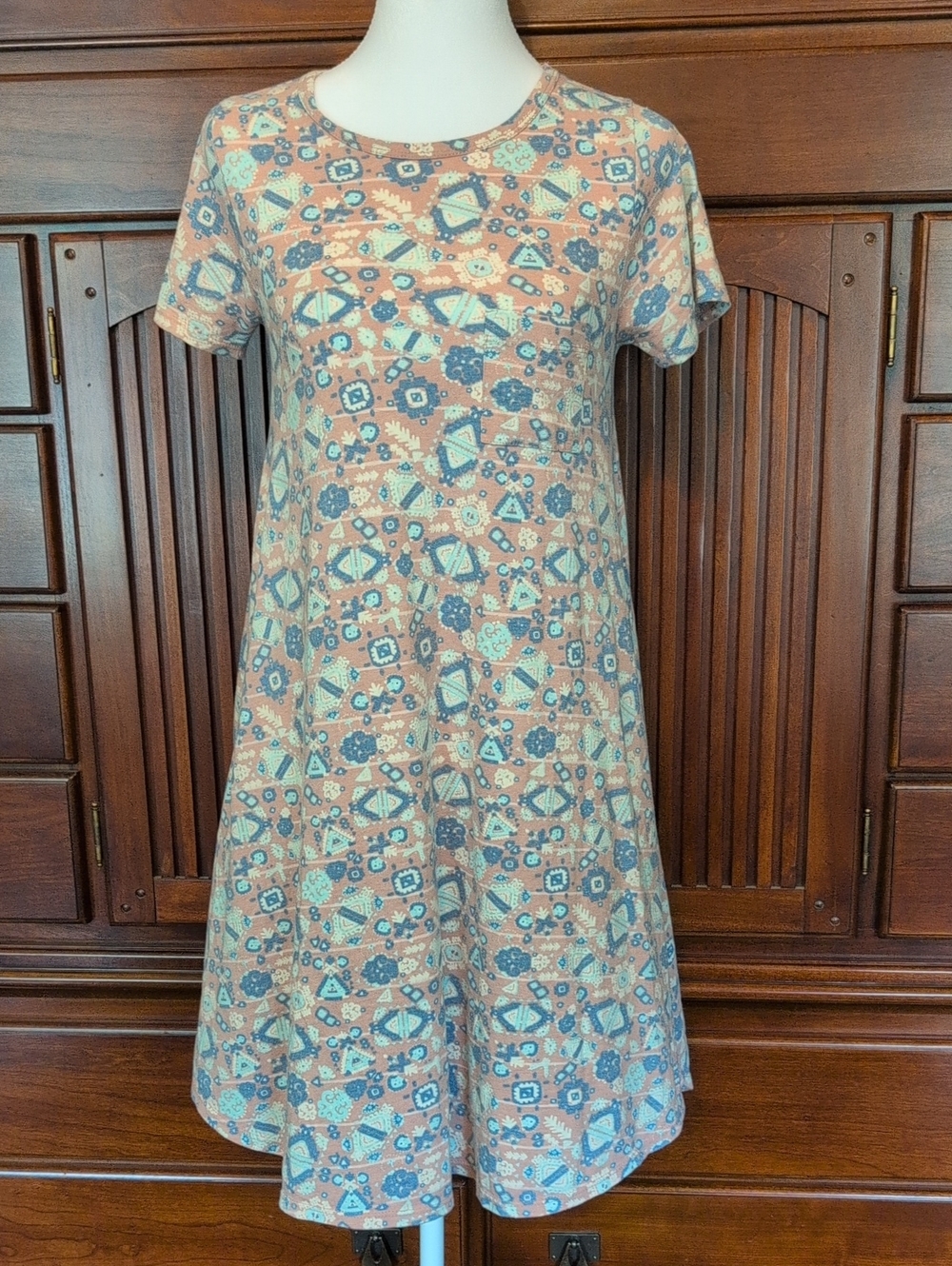 LuLaRoe Coral & Blue Short Sleeve A-Line Mini Dress